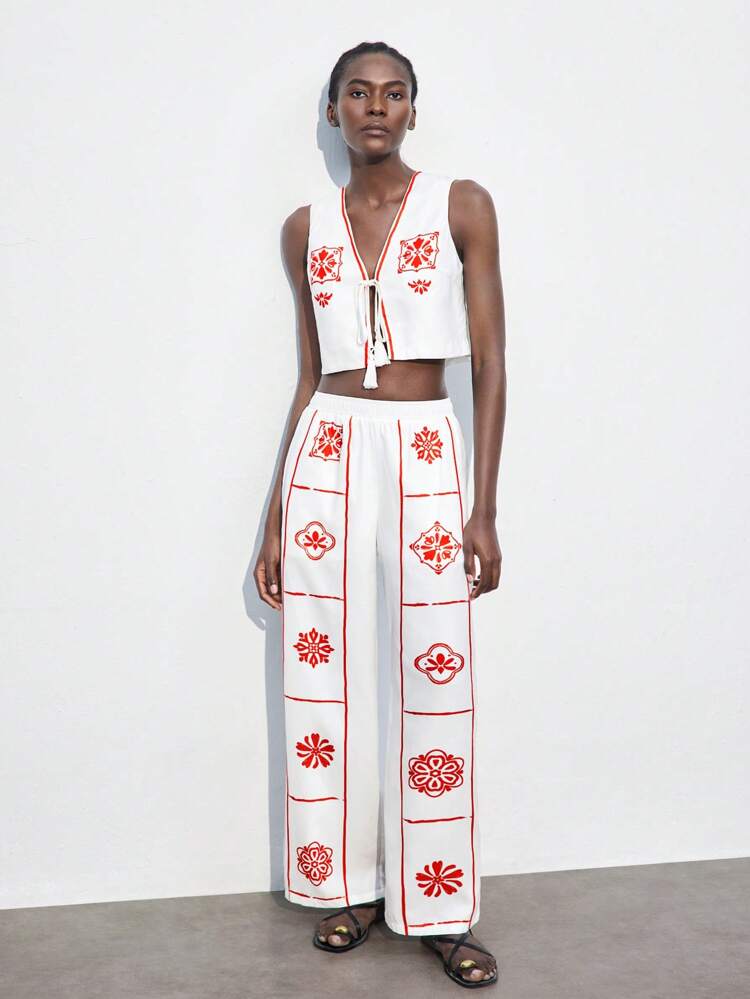 SHEIN Maija Women's Red Elastic Waist Side Pockets Bohemian Beach Resort Floral Print Relaxed Fit Casual Straight Leg Trousers, Comfortable Daily Wear For Summer