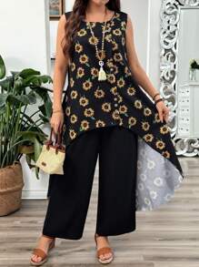 SHEIN LUNE 2 pièces/Set Grande taille femme Top col rond et Pantalon imprimé marguerite - Gris foncé - Voir 5