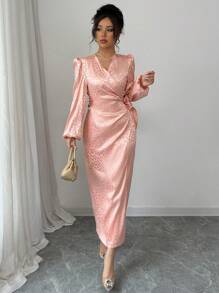 Modelyn Women's Elegant Waist Cinched Fitted Floral Print Dress, Spring/Summer - Pink - View 6