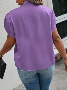 SHEIN Essnce Plus Size Casual/Office Solid Color V-Neck Tie Front Shirt - Dusty Purple - View 2