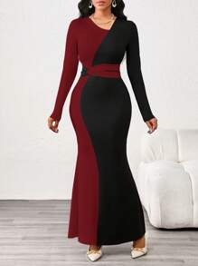 SHEIN Lady 秋冬优雅工装黑白针织圆领鱼尾长袖连衣裙 - 紅色 - 查看 2