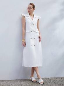 SHEIN Privé White Mini Cap Sleeve Elegant Romantic Commute Versatile Straight Collar Blazer Style Luxe Feel Double-Breasted Women Dress - White - View 6
