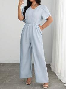 Celure Plus Size Women V-Neck Petal Sleeve Jumpsuits - Baby Blue - View 1