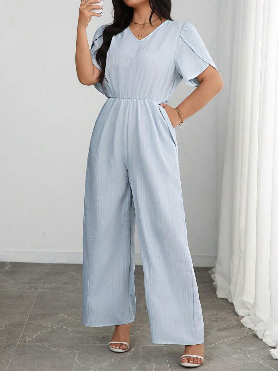 Celure Plus Size Women V-Neck Petal Sleeve Jumpsuits - Baby Blue - View 1