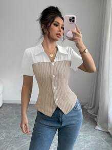 Chiquease Women's Elegant Tweed Patchwork Shirt, Pearl & Silver Button Decor Business Commuting Blouse - Apricot - View 1