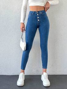 RueChic 97% Cotton Button Fly Cropped Skinny Jeans - Light Wash - View 4