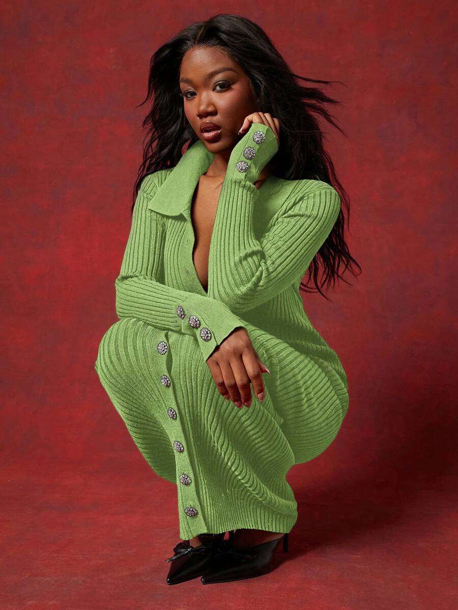 NYA SZN Ribbed Knit Collared Maxi Dress Summer - Green - View 1