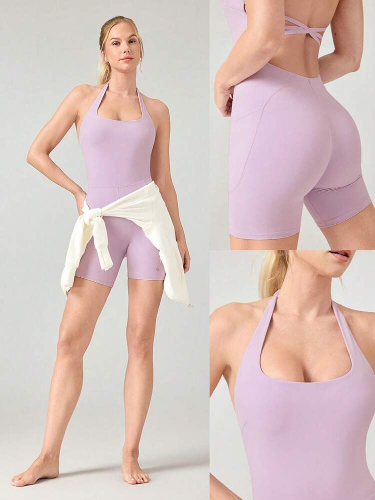 6'' FeatherFit™-Air Sweat-Wicking Quick-Dry Get Moving Tummy Control Halter Crisscross Strap Romper Bodysuit With Side Pockets Low Impact Yoga Pilates Studio Daily Casual Wear