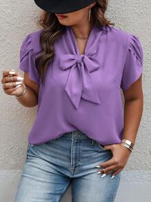 SHEIN Essnce Plus Size Casual/Office Solid Color V-Neck Tie Front Shirt - Dusty Purple - View 5