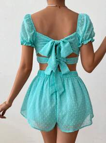 SHEIN Unity 2pcs/Set Pakaian Liburan Musim Panas Tropis Wanita Warna Turquoise, Atasan Crop Lengan Pendek Model Simpul Putar Warna Polos dan Celana Pendek Dua Potong - Mint Blue - View 2
