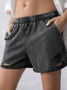 Easelle Spring And Summer Western Style, Cowgirl Vintage Women's Black Washed Knitted Distressed Casual Loose Wide Leg Shorts - Black - View 7