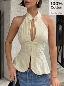 Siren Gaze 女式系带领修身镂空挂脖背心，前开衩无袖上衣'