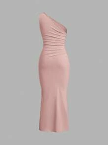 SHEIN EZwear 女式纯色无袖不对称领口褶皱超长鱼尾连衣裙 - 藕粉色 - 查看 2