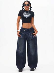 SHEIN ICON Women Casual Loose Straight Leg Denim Pants - Blue - View 3