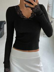 DAZY Women's Lace Splice Crew Neck Form-Fitting Long Sleeve T-Shirt - Black - View 7