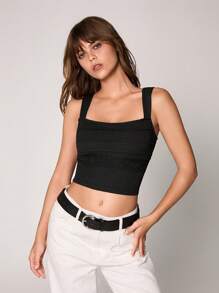 SHEIN Unity Regata Feminina de Cor Sólida com Nó nas Costas, Tecido Texturizado - Preto - Visão 6