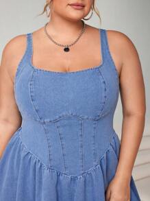 SHEIN CURVE+ 大码女式牛仔无袖迷你连衣裙，甜美茶长，蓝色 - 藍色 - 查看 9