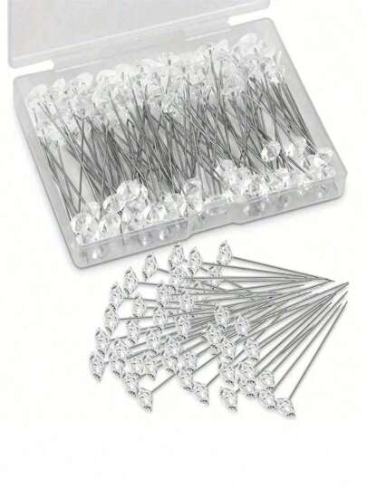 50 件/100 件/200 件花束别针、2.1 英寸胸花别针、水钻水钻水晶头别针、优雅胸花别针、直头别针、结婚周年纪念透明花别针，适用于 DIY 工艺品。100 件水钻水晶头别针透明亚克力花束别针带塑料盒，适用于婚礼缝纫 DIY 工艺装饰。