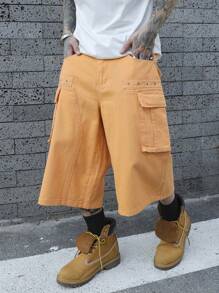 Manfinity EMRG Quần short denim rộng rãi, màu trơn có túi dành cho nam, mặc hàng ngày - trái cam - Xem 6