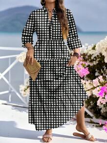 SHEIN LUNE 休闲优雅黑白格子印花大码连衣裙，适合春夏季 - 黑與白 - 查看 3