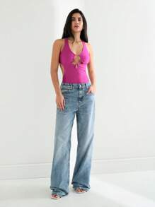 Maija Nuevo conjunto de verano 2025 de ajuste ceñido con diseño decorativo de escote recortado y hueco, de color baya, versátil y de moda para vacaciones de verano, playa, festivales de música y uso diario - Rosa - Ver 4
