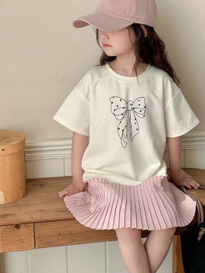 Dazy Kids 年轻女孩圆领蝴蝶结印花拼布短袖春夏连衣裙