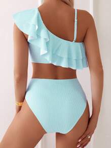 SHEIN Swim 印花条纹拼布荷叶边不对称领口细肩带上衣和高腰泳装套装