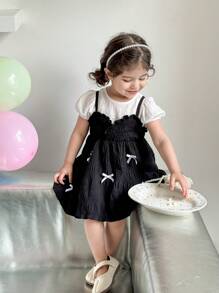 SHEIN 2 pièces Ensemble robe à bretelles mignonne avec nœud papillon et Top à manches courtes pour bébé fille, été