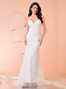 Coutiva Elegantes tailliertes Spitzen-Patchwork-Hochzeitskleid mit bestickter Meerjungfrauenlinie, Spaghettiträgern, rückenfreiem Design und Bodenlänge für Damen