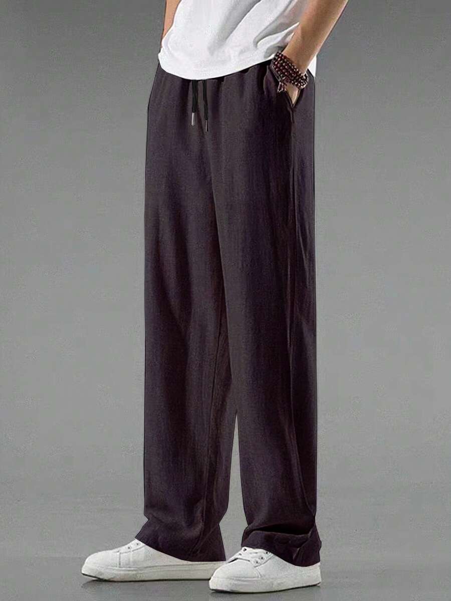 Manfinity Homme Pantalones rectos con cordón en la cintura de unicolor para hombres, aptos para uso diario, otoño - Morado - Ver 1