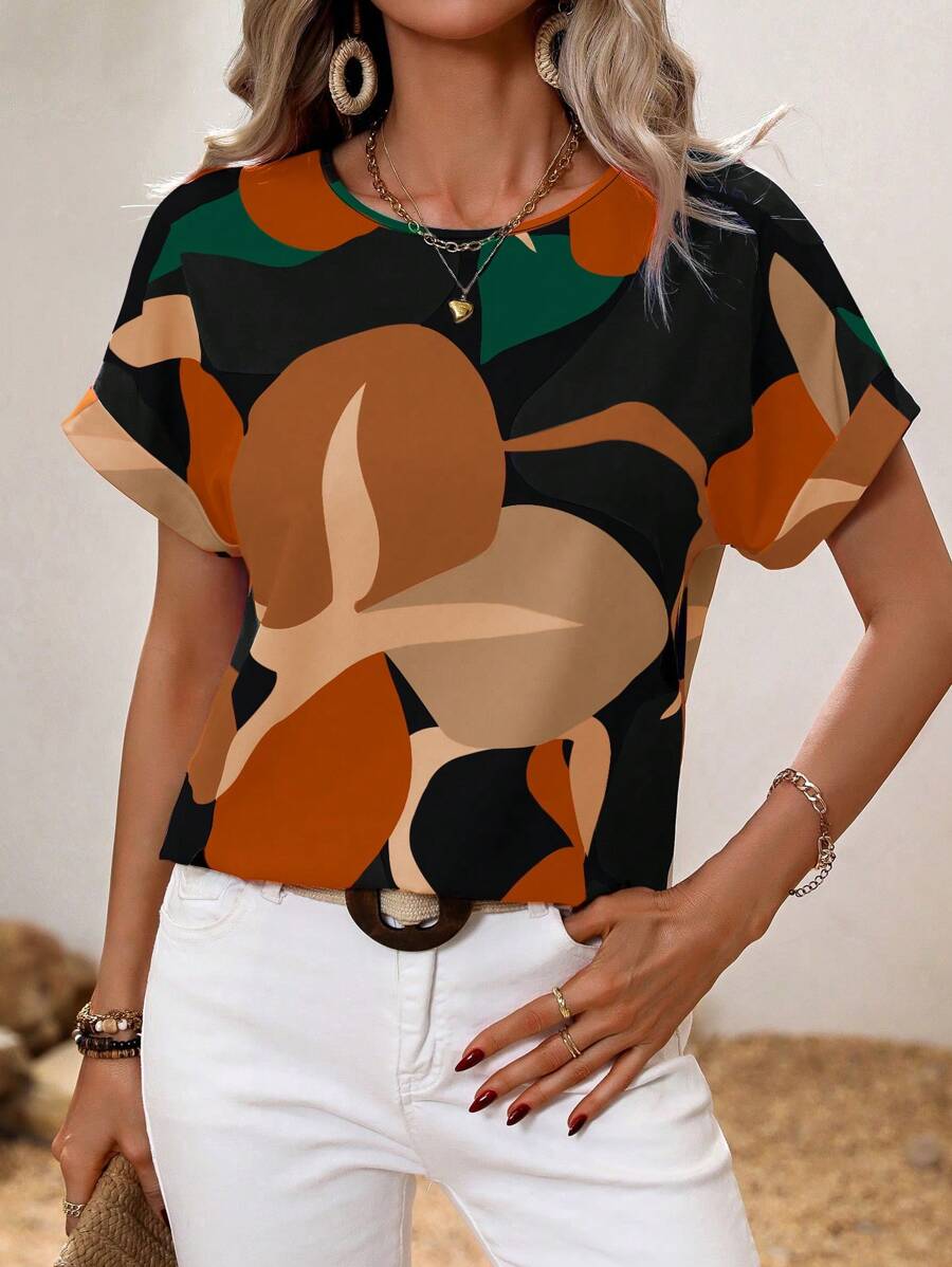 SHEIN Clasi 植物印花蝙蝠袖休闲度假衬衫