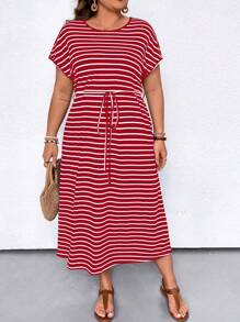 Đầm Maxi Dài Tay Cánh Dơi In Sọc Thường Ngày Cỡ Lớn Cho Nữ Có Dây Buộc Ở Eo Và Cổ Tròn Cho Trang Phục Mùa Hè Cho Nữ - Đỏ và trắng - Xem 1
