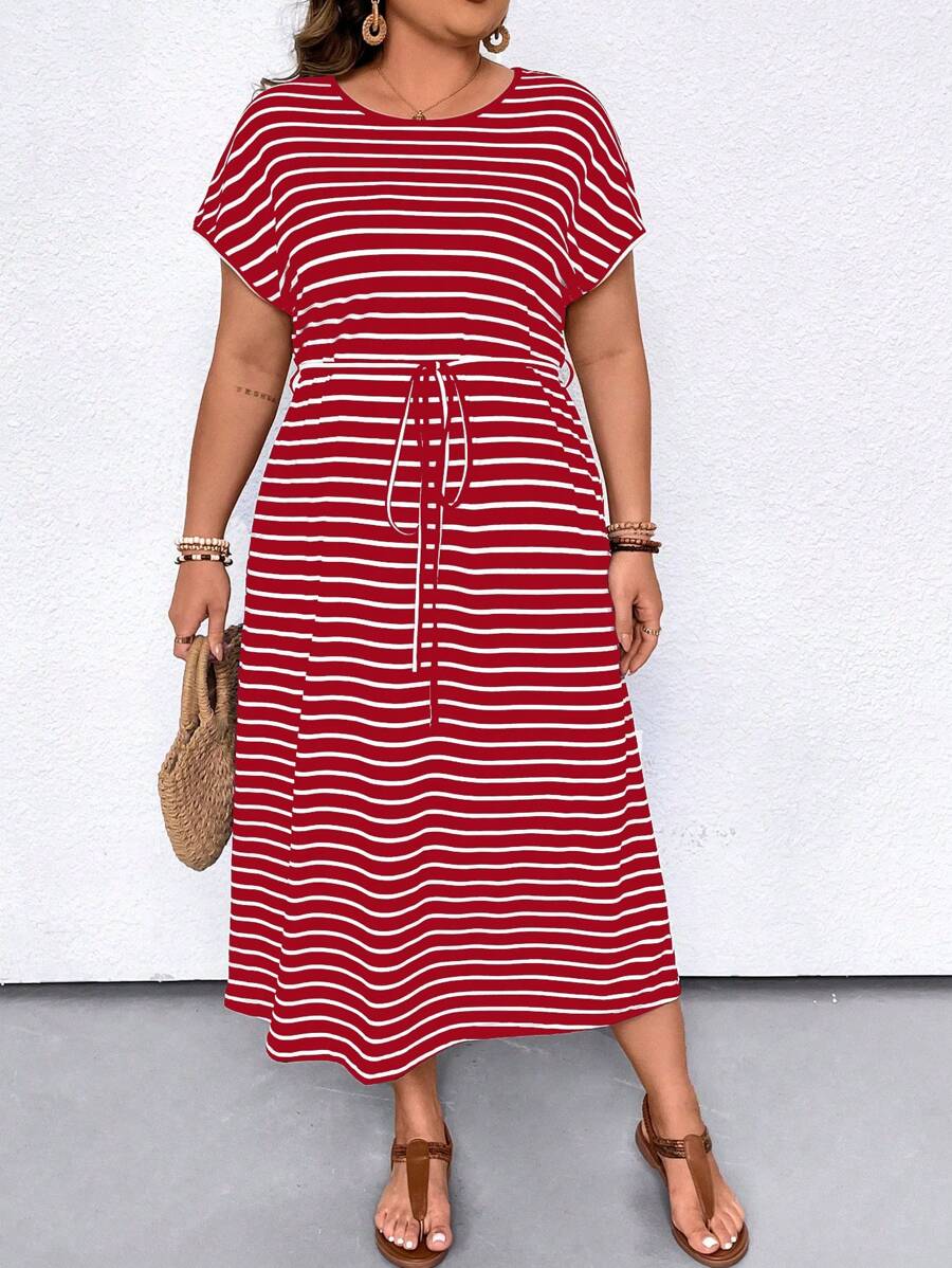 Đầm Maxi Dài Tay Cánh Dơi In Sọc Thường Ngày Cỡ Lớn Cho Nữ Có Dây Buộc Ở Eo Và Cổ Tròn Cho Trang Phục Mùa Hè Cho Nữ - Đỏ và trắng - Xem 1