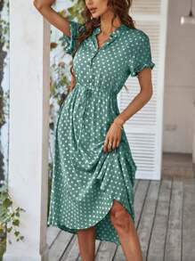 Breezaya Polka Dot Drawstring Button Front Dress Maxi Vacation Beach Outfits Dam - Grön - Visa 5