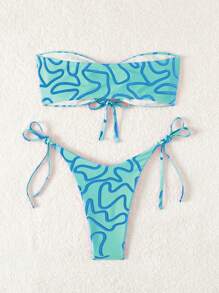 SHEIN Swim Women Summer Beach Striped Print Bandeau Sexy Bikini Set, Random Print - Multicolor - View 2