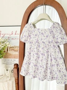 SHEIN Babygirl Cute Floral Pattern Bow Decor Summer Dress