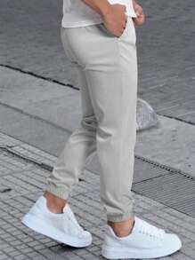 Manfinity Homme Men's Solid Color Drawstring Waist Pockets Jogger Pants, Casual Pants, Fall - Light Grey - View 2