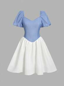 SHEIN Teen Girls' Short Sleeve Color Block Simple Fashion Summer Dress - Blue and White - View 5