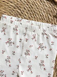 Loomiva Newborn Baby Girl Plant & Floral Pattern Knit Soft Round Neck Short Sleeve Bodysuit With Elastic Waist Long Pants 2 Pieces Set