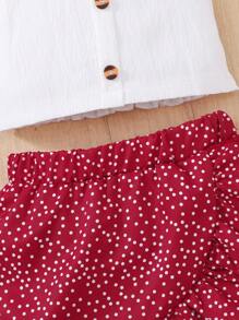 SHEIN 2pcs Infant/Toddler Girls Spring/Summer Casual Vacation Elegant Button Decor Wide Strap White Tank Top And White Contrast Polka Dot Ruffle Trim Asymmetrical Skirt, 1-3 Years Old OOTD Outfit, Suitable For Outing, Vacation And Daily Wear