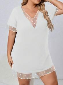 Plus Size Deep V-Neck Mesh Panel Polka Dot Short Nightgown