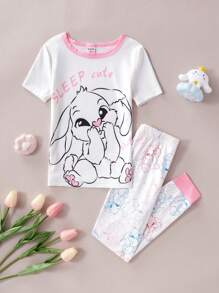 2 件装少女可爱害羞兔耳朵遮嘴图案印花短袖打底裤家居服套装 - 白色 - 查看 6