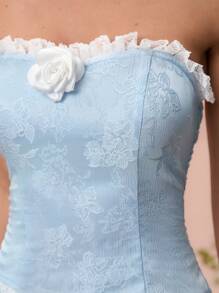 Glamine Sexy Off-Shoulder Lace Patchwork Elastic Crop Top For Women, Spring/Summer - Blue - View 4