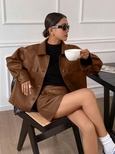 Siren Gaze 2pcs/Set Women Solid Color Long Sleeve Single-Breasted Jacket And Midi Skirt Winter Brown Casual