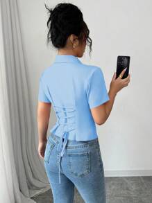 Rafferiza 女士红色高领褶皱收腰泡泡袖复古衬衫，百搭 - 藍色 - 查看 6