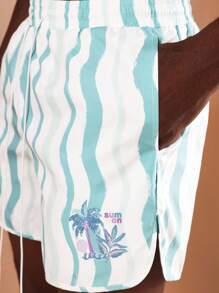 SUMWON Premium Beach Swim Trunks Retro Wave Pattern Palm Tree Embroidery Elastic Drawstring Summer Vacation Swimming Board Shorts Activewear Surfing Athletic Coastal Lounge Wear - Blue and White - View 6