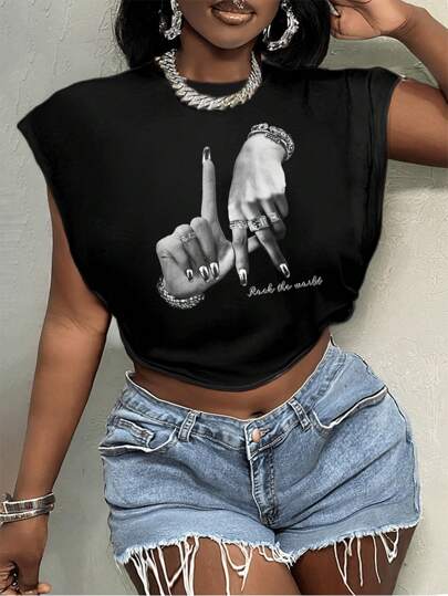 Slaydiva T-shirt graphique décontracté, simple et avec un geste de la main LA et de la musique rock, convenant aux grandes tailles, adapté pour l'été