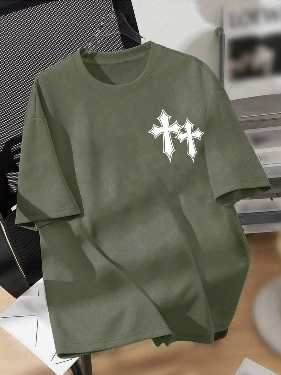 Teen Boy Casual Minimalist Round Neck Short Sleeve T-Shirt, Suitable For Summer - Army Green - View 1