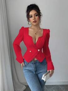 Chiquease 女士方领重叠交叉珍珠装饰纽扣拼接雪纺袖修身衬衫 - 紅色 - 查看 3