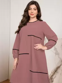 Mulvari 2pcs Elegant Crew Neck Pleat Contrast Color Plus Size Set 2 Pieces Set Fall Cloth For Women - Dusty Pink - View 6